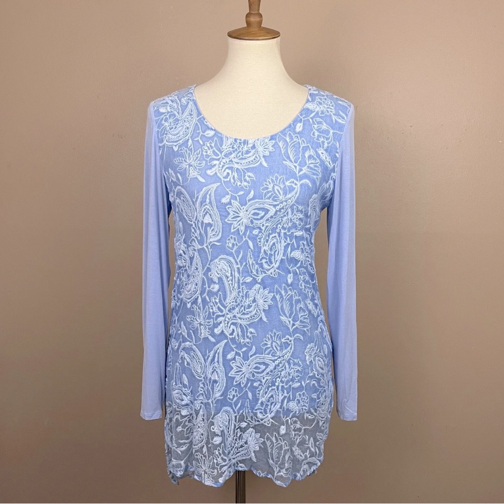 Soft Surroundings Tunic Womens Small Blue Silk Layered Embroidered Floral Blouse